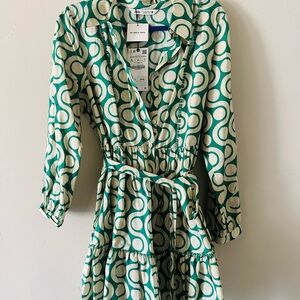 Zara Green & Cream Geometric Tiered Shirt Dress with Belt